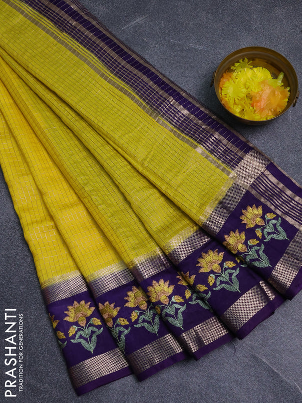 Semi chanderi saree yellow and purple with allover zari woven checked pattern and embroidery zari border