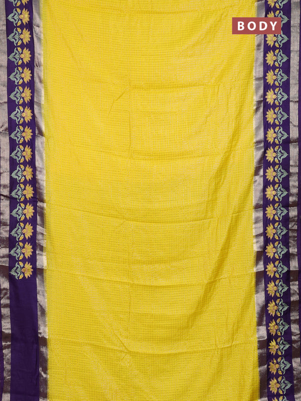 Semi chanderi saree yellow and purple with allover zari woven checked pattern and embroidery zari border