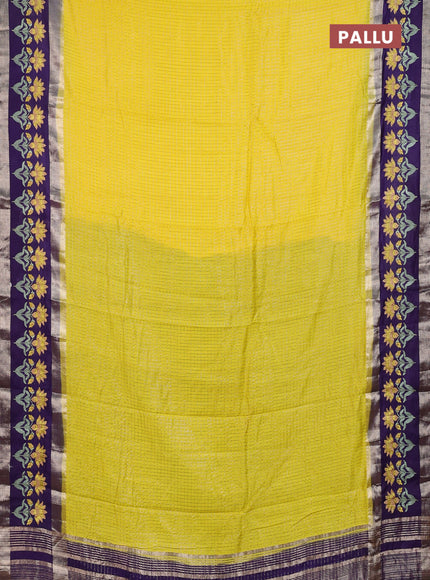Semi chanderi saree yellow and purple with allover zari woven checked pattern and embroidery zari border