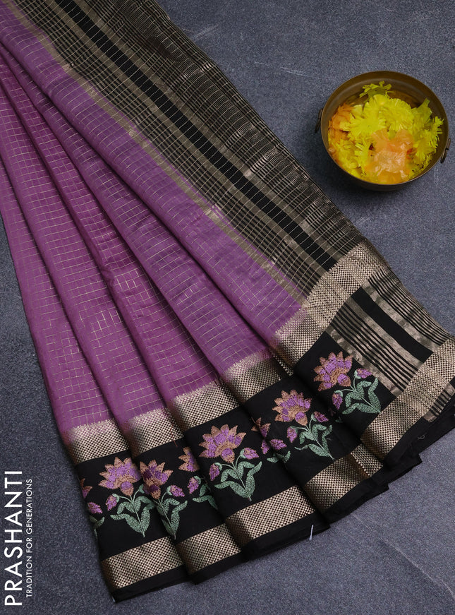 Semi chanderi saree lavender and black with allover zari woven checked pattern and embroidery zari border