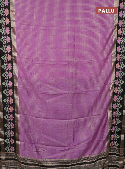 Semi chanderi saree lavender and black with allover zari woven checked pattern and embroidery zari border