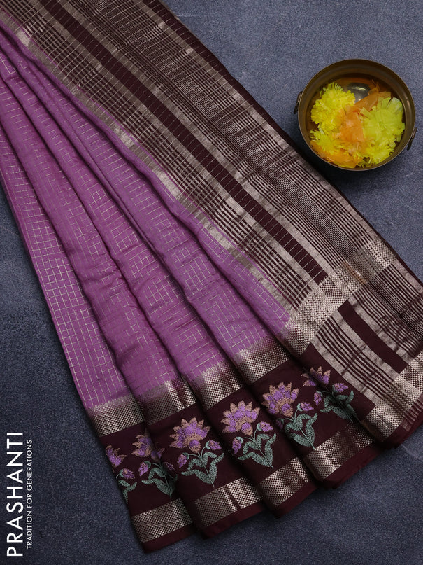 Semi chanderi saree lavender shade and coffee brown with allover zari woven checked pattern and embroidery zari border