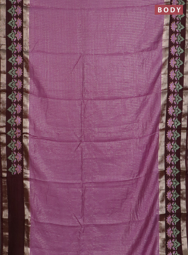 Semi chanderi saree lavender shade and coffee brown with allover zari woven checked pattern and embroidery zari border