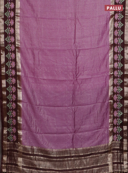 Semi chanderi saree lavender shade and coffee brown with allover zari woven checked pattern and embroidery zari border