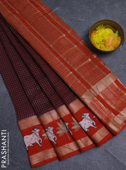 Semi chanderi saree deep maroon and rustic orange with allover zari woven checked pattern and embroidery zari border