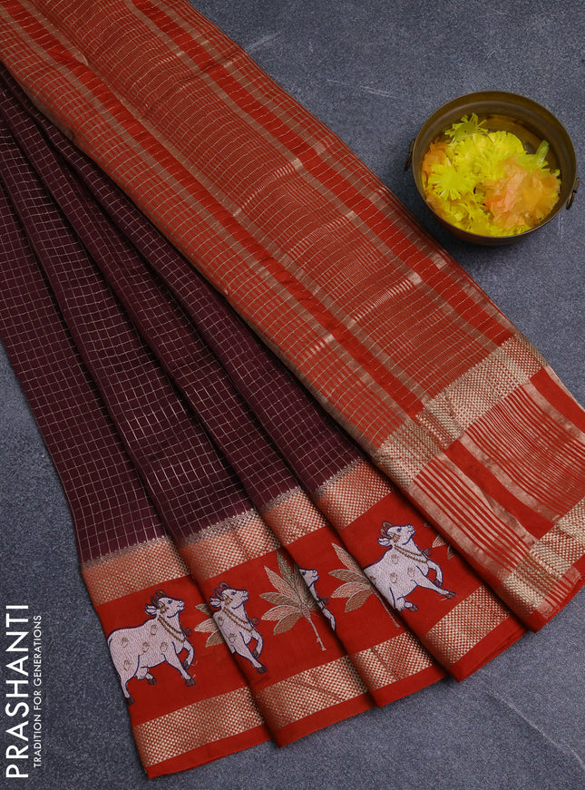 Semi chanderi saree deep maroon and rustic orange with allover zari woven checked pattern and embroidery zari border