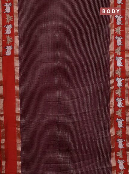 Semi chanderi saree deep maroon and rustic orange with allover zari woven checked pattern and embroidery zari border