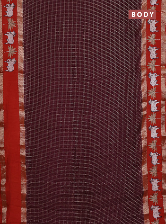 Semi chanderi saree deep maroon and rustic orange with allover zari woven checked pattern and embroidery zari border