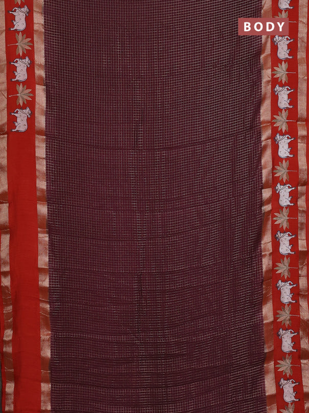 Semi chanderi saree deep maroon and rustic orange with allover zari woven checked pattern and embroidery zari border