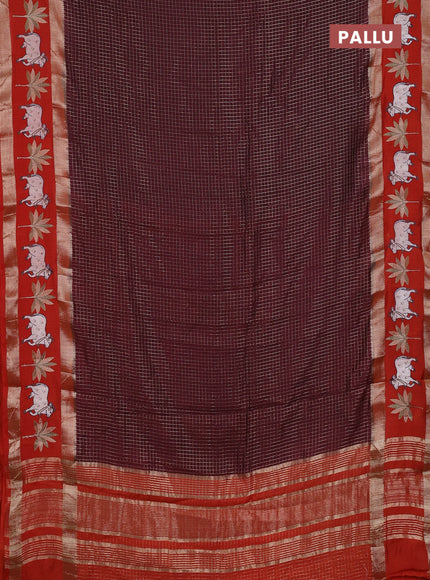 Semi chanderi saree deep maroon and rustic orange with allover zari woven checked pattern and embroidery zari border