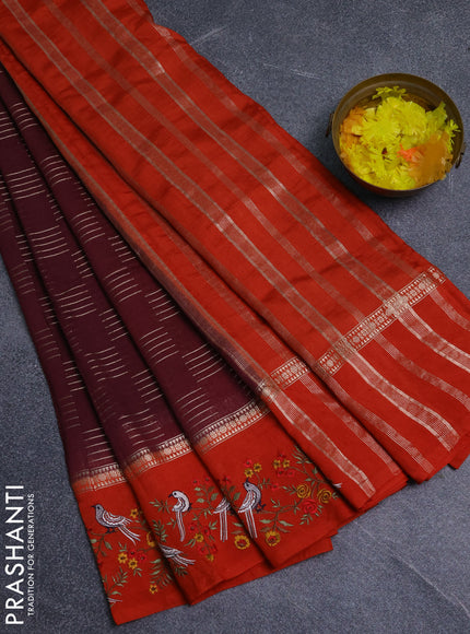 Semi chanderi saree deep maroon and rustic orange with allover zari weaves and embroidery border