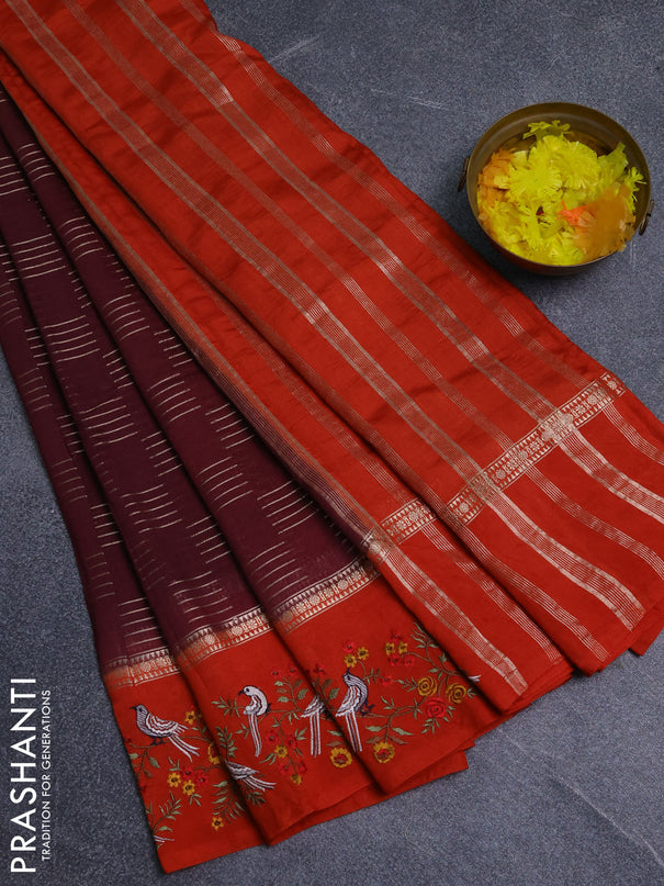 Semi chanderi saree deep maroon and rustic orange with allover zari weaves and embroidery border