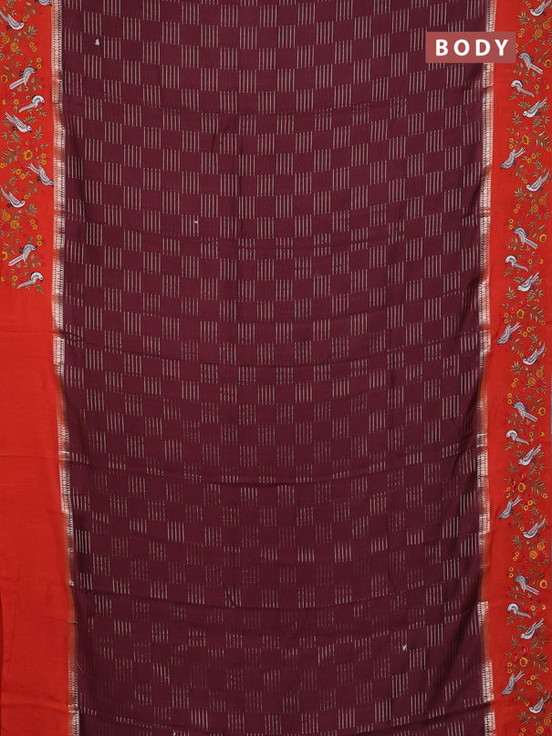 Semi chanderi saree deep maroon and rustic orange with allover zari weaves and embroidery border