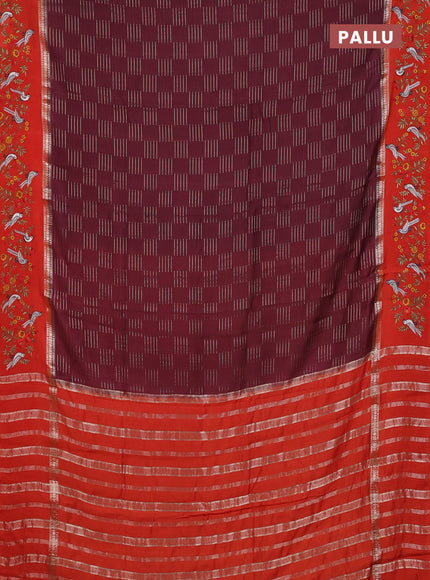 Semi chanderi saree deep maroon and rustic orange with allover zari weaves and embroidery border