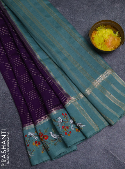 Semi chanderi saree violet and pastel green shade with allover zari weaves and embroidery border