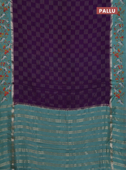 Semi chanderi saree violet and pastel green shade with allover zari weaves and embroidery border