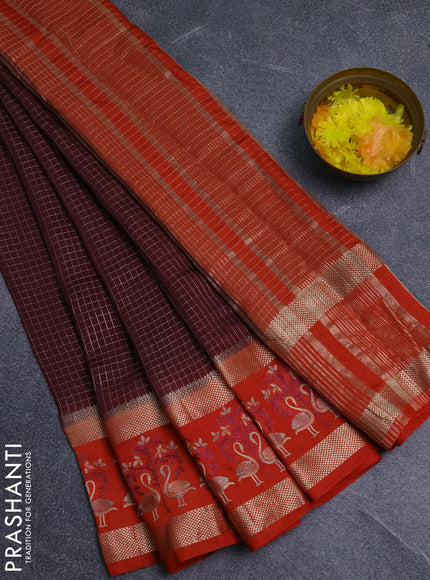 Semi chanderi saree deep maroon and rustic orange with allover zari woven checked pattern and embroidery zari border