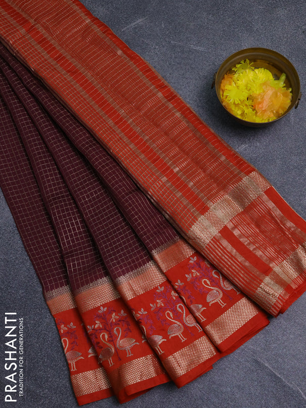 Semi chanderi saree deep maroon and rustic orange with allover zari woven checked pattern and embroidery zari border