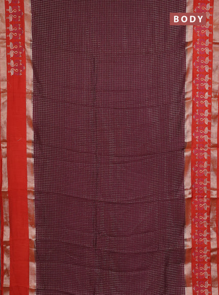 Semi chanderi saree deep maroon and rustic orange with allover zari woven checked pattern and embroidery zari border