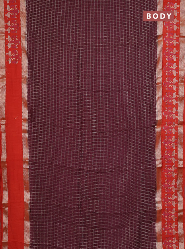 Semi chanderi saree deep maroon and rustic orange with allover zari woven checked pattern and embroidery zari border