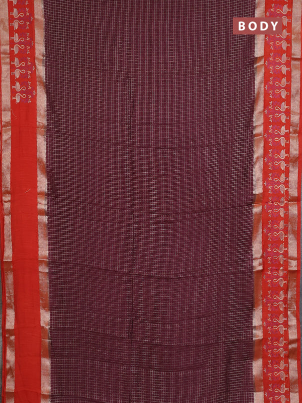 Semi chanderi saree deep maroon and rustic orange with allover zari woven checked pattern and embroidery zari border