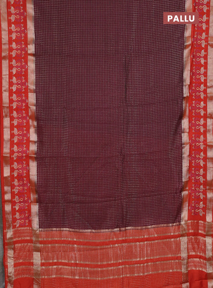 Semi chanderi saree deep maroon and rustic orange with allover zari woven checked pattern and embroidery zari border