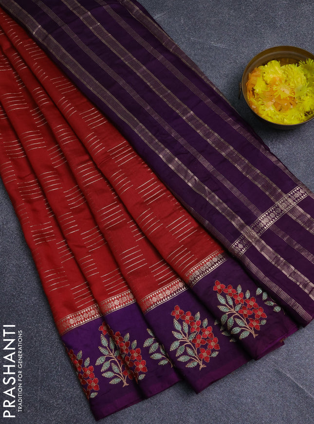 Semi chanderi saree red and violet with allover zari weaves and embroidery border