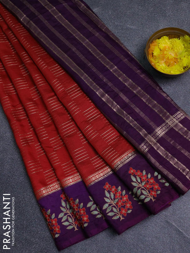 Semi chanderi saree red and violet with allover zari weaves and embroidery border
