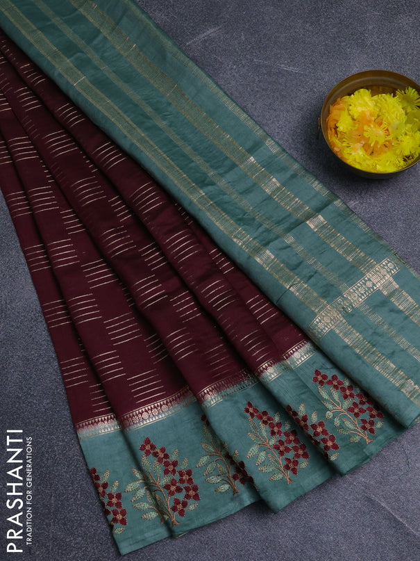 Semi chanderi saree deep maroon and pastel green with allover zari weaves and embroidery border