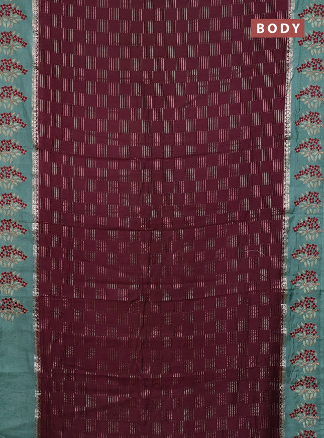 Semi chanderi saree deep maroon and pastel green with allover zari weaves and embroidery border