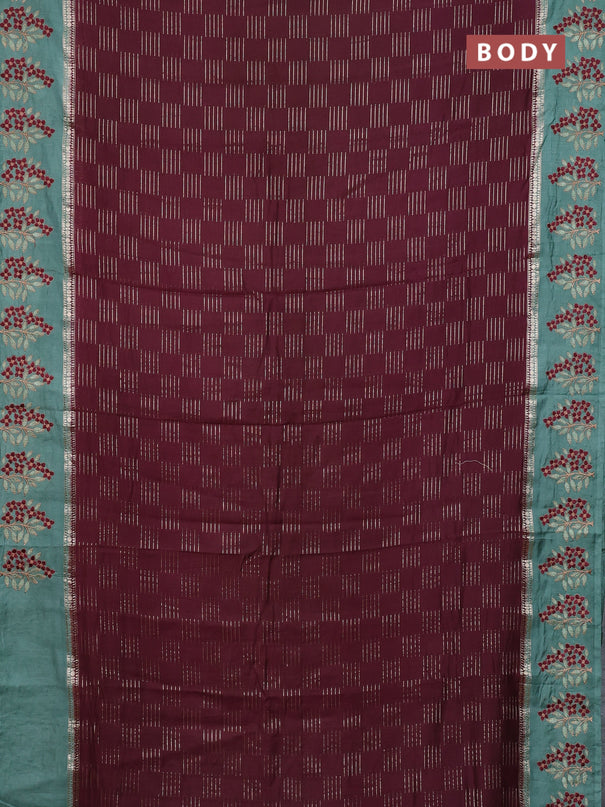 Semi chanderi saree deep maroon and pastel green with allover zari weaves and embroidery border