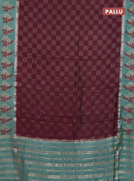 Semi chanderi saree deep maroon and pastel green with allover zari weaves and embroidery border