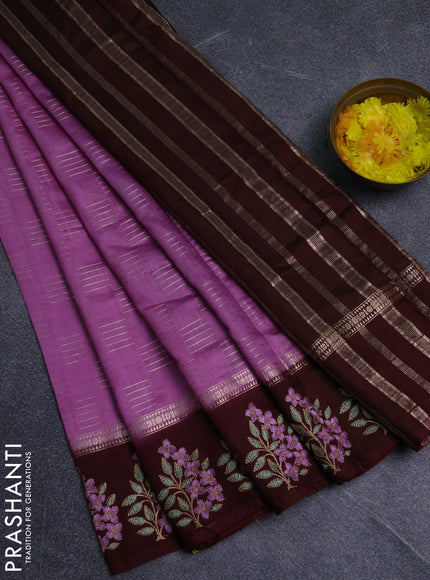Semi chanderi saree lavender and deep maroon with allover zari weaves and embroidery border