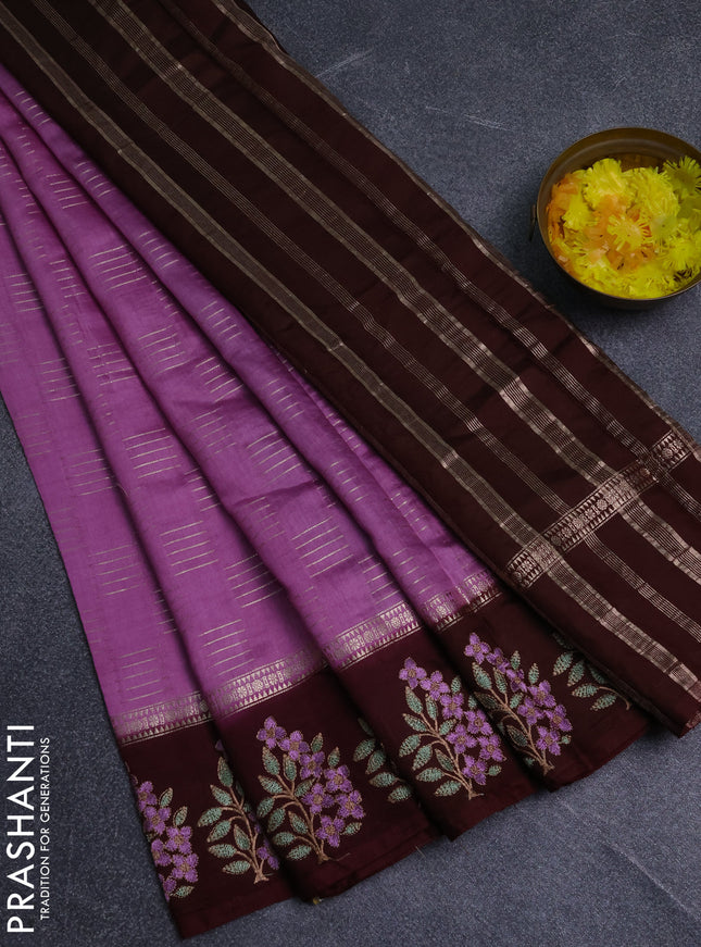 Semi chanderi saree lavender and deep maroon with allover zari weaves and embroidery border