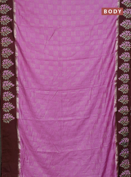Semi chanderi saree lavender and deep maroon with allover zari weaves and embroidery border