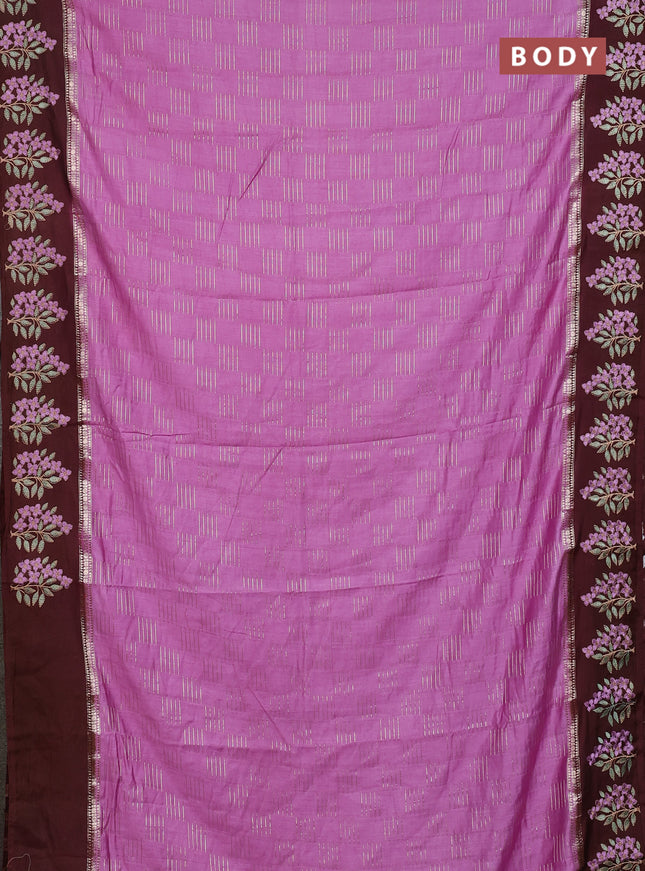 Semi chanderi saree lavender and deep maroon with allover zari weaves and embroidery border