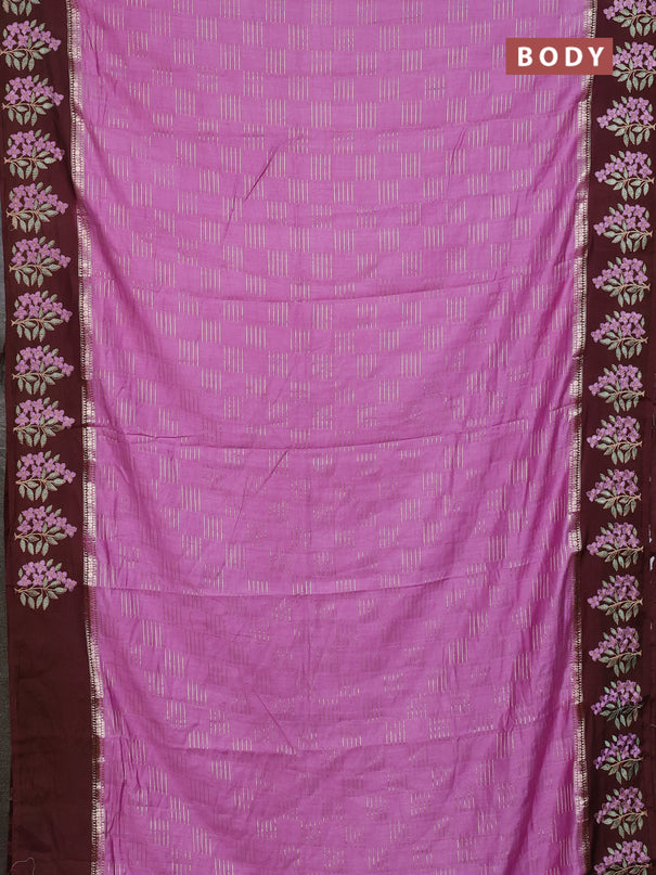 Semi chanderi saree lavender and deep maroon with allover zari weaves and embroidery border
