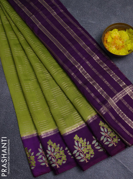Semi chanderi saree light green and violet with allover zari weaves and embroidery border