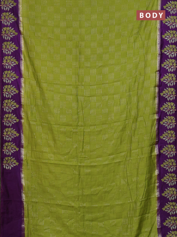 Semi chanderi saree light green and violet with allover zari weaves and embroidery border