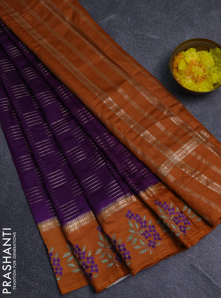 Semi chanderi saree violet and orange with allover zari weaves and embroidery border