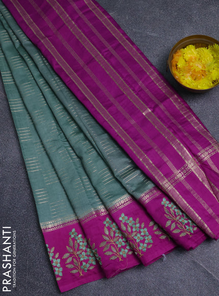 Semi chanderi saree pastel green and purple with allover zari weaves and embroidery border