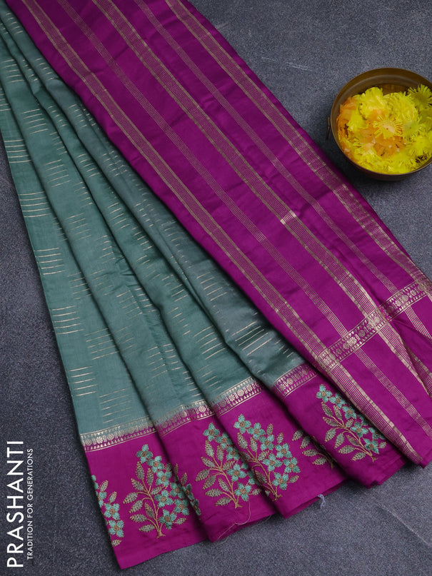 Semi chanderi saree pastel green and purple with allover zari weaves and embroidery border