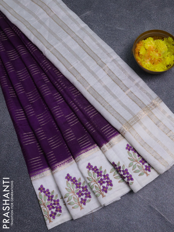 Semi chanderi saree violet and off white with allover zari weaves and embroidery border
