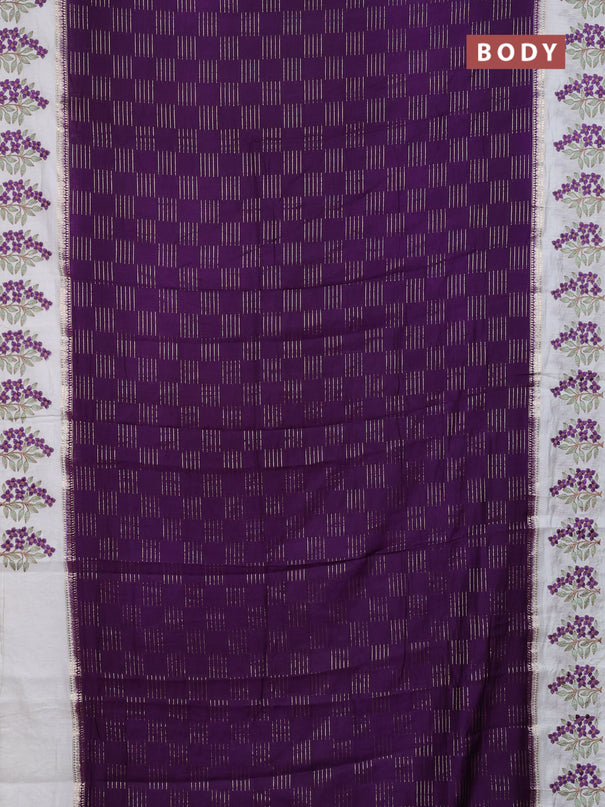 Semi chanderi saree violet and off white with allover zari weaves and embroidery border