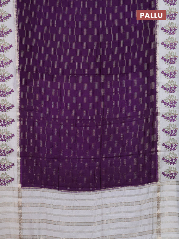 Semi chanderi saree violet and off white with allover zari weaves and embroidery border