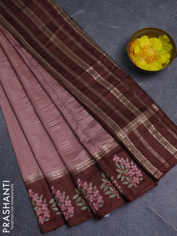 Semi chanderi saree pastel brown and coffee brown with allover zari weaves and embroidery border