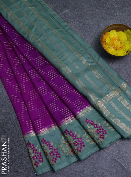 Semi chanderi saree purple and pastel green with allover zari weaves and embroidery border