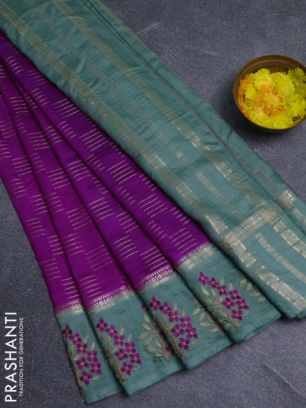 Semi chanderi saree purple and pastel green with allover zari weaves and embroidery border