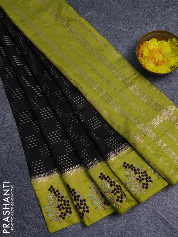 Semi chanderi saree black and lime green with allover zari weaves and embroidery border