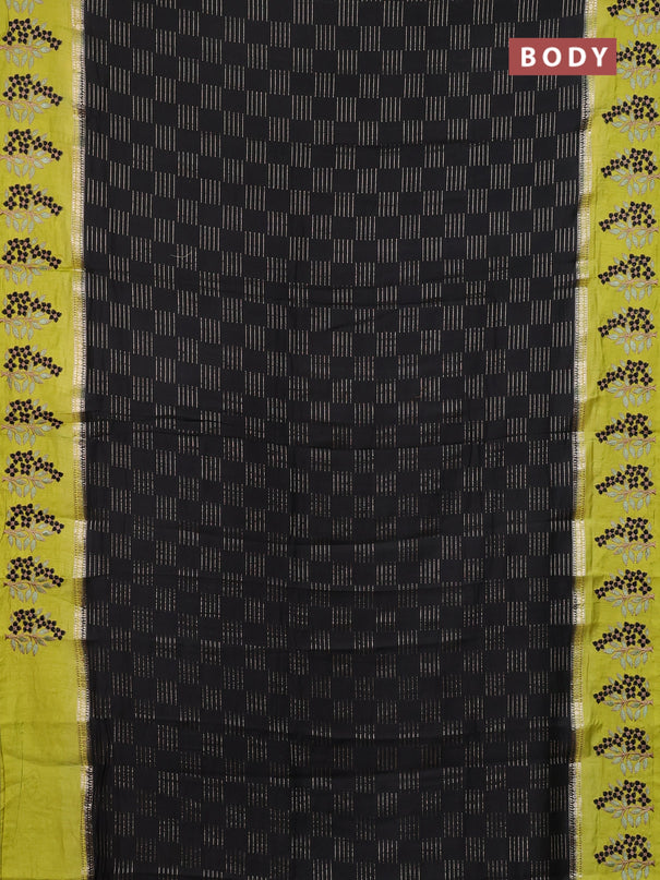 Semi chanderi saree black and lime green with allover zari weaves and embroidery border